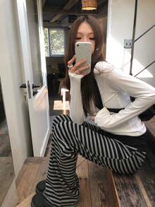 Japanese Style Colorblock Striped Patchwork Lace-Up Soft Comfortable Casual Pants Spring - Grey - View 5