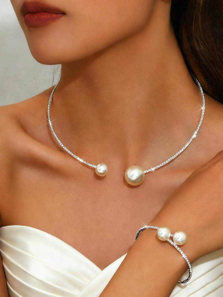 2pcs Fashionable Elegant Shiny Faux Diamond & Pearl Necklace And Bracelet Jewelry Set, Suitable For Daily, Party, Wedding - Silver - View 1