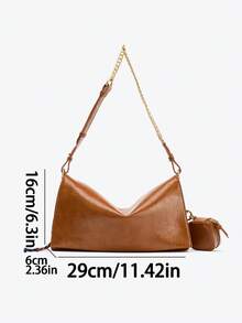Women's Gold Chain Shoulder Bag, High-End PU Leather Crescent Bag, Underarm Bag, Shoulder Bag, Crossbody Bag, Handbag, With Small Wallet Included - Brown - View 3
