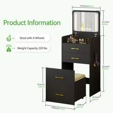 3 In 1 Vanity Desk With Flip Up Mirror And Lights, Glass Top Makeup Vanity Table With Charging Station,LED Compact Dressing Table With 3 Drawer And Wheel Storage Stool For Bedroom(Black) - View 2