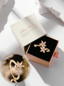 Gift Box Elegant Floral Cubic Zirconia Gold Ring, Suitable For Women's Wedding, Engagement Wear And Gift - Gold - View 11