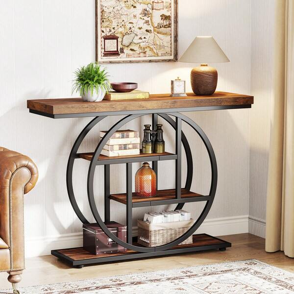 LITTLE TREE Console de 105 cm, table industrielle à 4 niveaux pour canapé, table d'entrée avec base circulaire, tables d'appoint en bois étroites avec étagères de rangement pour le salon, le couloir, le vestibule (brun rustique)
