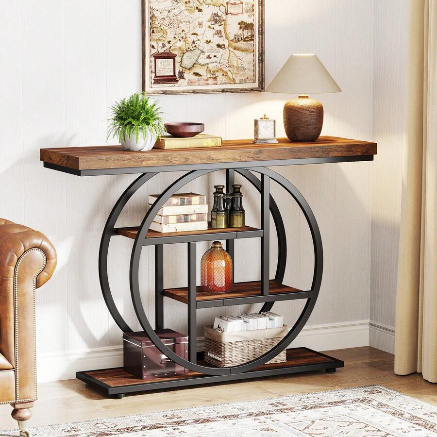 LITTLE TREE Industrial 4-Tier Console Table, 41.3" Sofa Table Entry Way Table With Circle Base, Narrow Wood Accent Tables With Storage Shelves For Living Room, Hallway, Foyer (Rustic Brown) - Nâu mộc mạc - Xem 1