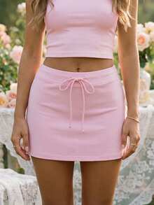 Women Y2k Tie Waist Mini Skirts Mid Waist Bodycon Micro Skorts Stretchy Side Slit Pencil Short Skirt Streetwear - Hồng - Xem 4