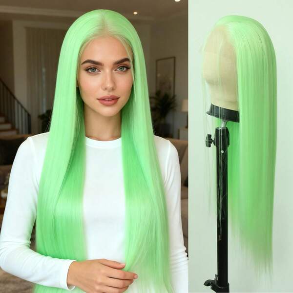 1 pieza Peluca sintética con encaje frontal de color verde manzana, cabello largo y liso, línea de nacimiento natural previamente desbastada, fibra resistente al calor, adecuada para mujeres
