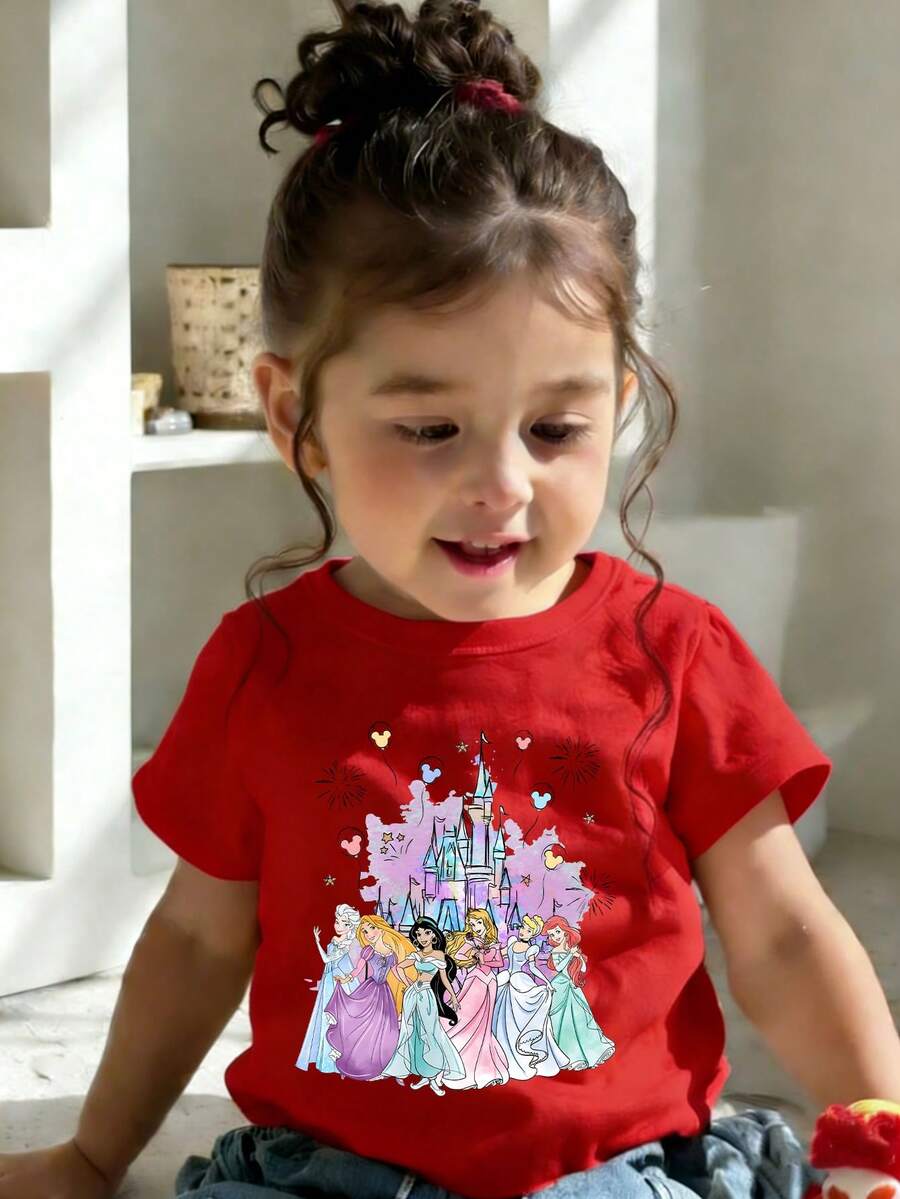 This Disney Castle-Themed Casual Short-Sleeved T-Shirt Features Princesses Elsa, Rapunzel, Jasmine, Aurora, , And Ariel. Designed For Both Baby Boys And Girls, It's Ideal For Summer Wear. - Đỏ - Xem 1