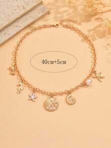 1pc Summer Ocean Style Dolphin, Seahorse, Starfish, Shell, Faux Pearl Pendant Necklace, Fashion Beach Vacation Gold Tone Jewelry For Women, Suitable For Daily Wear And Beach Travel - Golden - View 4