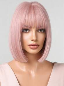 12 Inch Pink Bobo Wig With Bangs, Women's Heat Resistant Y2K Style, Suitable For Parties And Cosplay - Pink - View 7