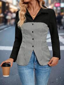 Blusa de manga larga elegante para mujer, minimalista y elegante para el trayecto y el uso diario, ropa de primavera, camisa social para damas, camisa negra - blanco negro - Ver 5