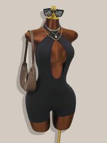 女士黑色吊带镂空无袖连体裤，性感修身派对连体裤，夏季服装，女士连体裤 - 黑色 - 查看 1