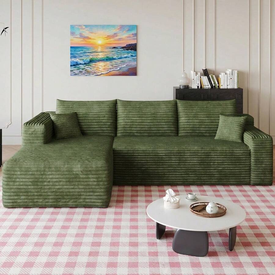 No Assembly 95" L Shaped Cloud Sectional Sofa Plush Corduroy Deep Seat Upholstered Corner Couch For Living Room - 綠色 左邊 - 查看 1
