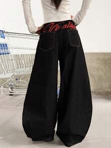 1pc Women's Vintage Street-Style Embroidered Curved Knife Loose Wide-Leg Jeans, Versatile For All Seasons (This Product Does Not Include Belt/Accessories) Spring Casual Black - Black - View 7