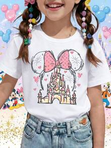 Hand Drawn Disney Castle With Pink Minnie Polka Dot Bow & Fireworks Printed Pattern T-Shirts For Girls - Children's Clothing Design Short-Sleeved Casual And Cute Style Comfortable And Casual Wear All Year Round Suitable For Parties And Play Machine Washable Gift Children's Clothing Girls' Short-Sleeved Shirts - 白色 - 查看 1