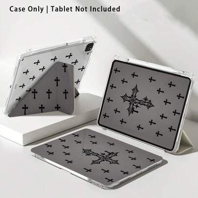 哥特风黑色十字架亚克力水晶平板保护套，带支架，适用于三星、荣耀、苹果等品牌，可折叠防弯折，硅胶加固边角，自动唤醒/睡眠，内置笔槽，多角度可折叠支架 - 完美日常保护，节日送礼佳品