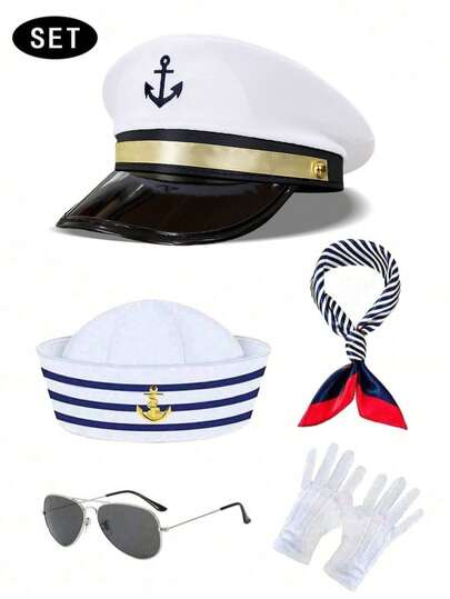 Costume Set, Hat Set, Hat Combination, Cosplay Costume, Navy Cap, White Cap, Retro Flat-Top Military Cap, Captain Navy Sailor Cap, Blue And White Striped, Captain's Cap, Sailor Cap, Set, Round Top, Yacht Costume, Party, Halloween, Valentine's Day, Gift, Summer, Party Costume, Versatile, Sexy Costume, Party Supplies, Costume Accessory Combination, Suitable For Events, Parties, Seaside, Vacation, Beach, And Daily Wear