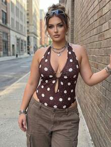 Women's Halter Bodysuit Stylish Hot-fix Rhinestone Design Slim Fit Deep V Neck Romper - Café integral - Ver 2