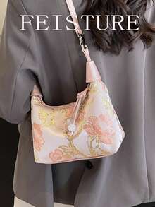 1pc Solid Color Nylon Fabric Chinese Style Embroidered Floral Bucket Tote Bag, Suitable For Shopping, Dating, Women's Gift, Office Lady, Ideal For Office, School, Work, Commuting - Pink - View 5