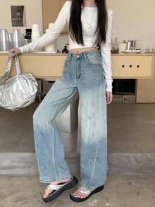 Quần jeans ống rộng nữ có túi và cúc, kiểu dáng thường ngày, đa năng. - Màu xanh nhạt - Xem 6