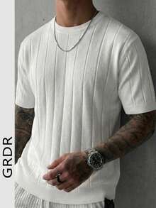 GRDR 男士夏季针织纯色罗纹短袖毛衣，运动休闲风，适合户外活动 - 白色 - 查看 4