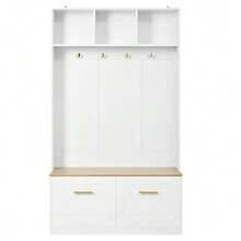 Ensemble armoire avec banc, espace de rangement ouvert et 2 portes – armoire compacte avec 4 crochets, coloris naturel et blanc, dimensions 105 * 40 * 180 cm - Blanc - Voir 9