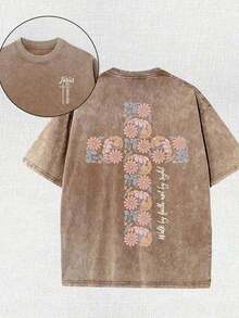 Summer Tops2026Christian Washed T-Shirt, Jesus, Faith, Floral Cross Pattern T-Shirt "Walk By Faith Not By Sight","Jesus Is Coming Soon", Religious Ele - 灰色 - 查看 11