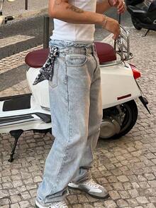 Men's Fashionable Streetwear Retro Loose Fit Champagne Blue Jeans - Rượu sâm banh - Xem 3