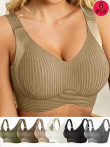 6-Piece Seamless Breathable Wireless Sports Bra For Women - Full Coverage Design, Anti-Slip Material, With Lifting And Support Functions, Comfortable To Wear, Ribbed Details, Made Of Nylon And Elastic Fiber Blend, Hand Wash. Elegant Solid Color Design. - Nhiều màu - Xem 11