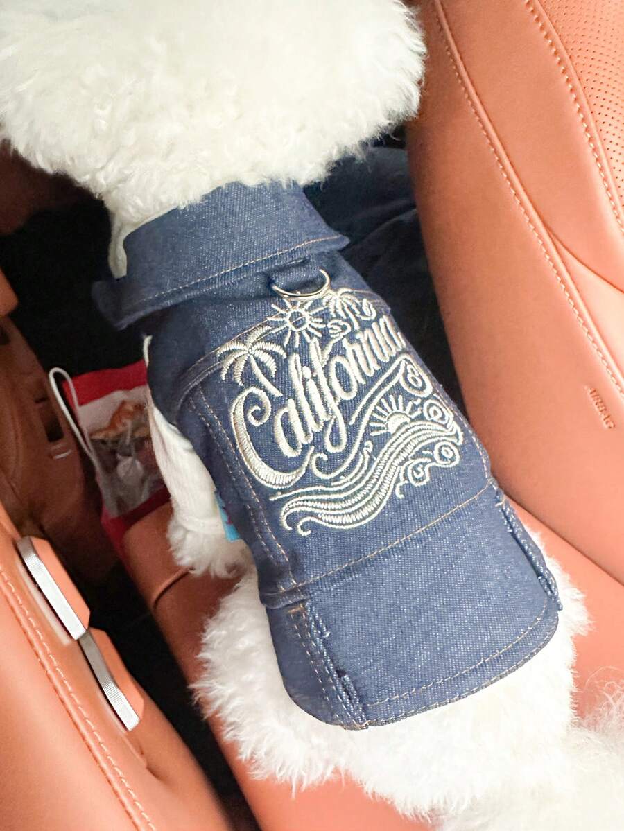 1pc Pet Clothes, European & American Style, Suitable For Small Dogs & Puppies, Stylish & Cute Comfortable Golden California Jacket - Blue - View 1