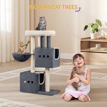 HEXCELEN 98 Cm Scratching Post, Cat Tree, Small Scratching Post, Multi-Storey Scratching Post With Perch, Cat House Furniture With 2 Caves, Sisal Cat Scratching Post, Hammock, Cave - Màu xám đen - Xem 3