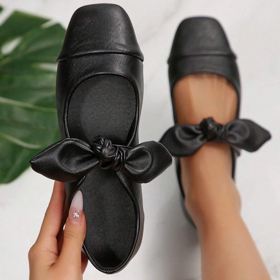 New Spring/Summer Low Vamp Versatile Bow Tie French Soft Leather Square Toe Flat Shoes,Ballet Flats - Black - View 1