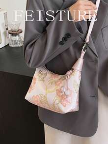 1pc Solid Color Nylon Fabric Chinese Style Embroidered Floral Bucket Tote Bag, Suitable For Shopping, Dating, Women's Gift, Office Lady, Ideal For Office, School, Work, Commuting - Pink - View 10
