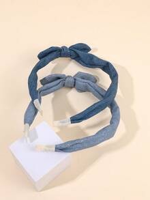2pcs/Set Solid Denim Blue Bow Headband Set, Fashion Fabric Hair Accessories For Girls & Teens - Hairband - View 3