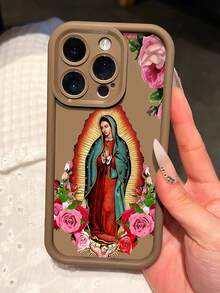 Virgin Mary Phone Case, Religious Style, Phone Case For IPhone 17 Pro Max 17 Air 17Pro 16 15 14 13 12 11 Pro Max, Catholic Gift, Floral Virgin Mary Design, Rose Bouquet Theme, Holy Icon Art, Spiritual Gift Idea, Devotional Present - 棕色 - 查看 2