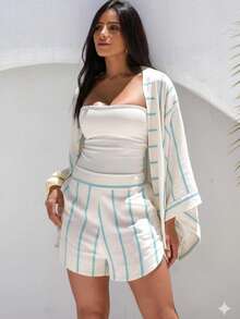 Árbora Eminence - Women's Kimono And Shorts Set In Viscose Linen Fabric, One Size Fits Sizes 38 To 42, Summer Fashion - Blanco roto/Azul bebé - Ver 2