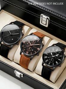 3pcs/Set Minimalist Casual Men's Quartz Watch, Blue/Brown/Black Leather Strap With Square Black Dial Quartz Watch Set. The Square Black Minimalist Dial Paired With Blue/Brown/Black Leather Straps, Comfortable And Fitting, With A Simple And Steady Style To Showcase The Elegant Elegant Of Men. - Multicolor - View 15