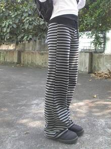Japanese Style Colorblock Striped Patchwork Lace-Up Soft Comfortable Casual Pants Spring - Grey - View 8