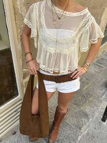 Women's Sheer, Wide-Neck, Cutout Top With Ruffled Hem; Women's Beach Cover-Up Top; Women's Versatile Sheer Street Style Top. - 象牙白 - 查看 2