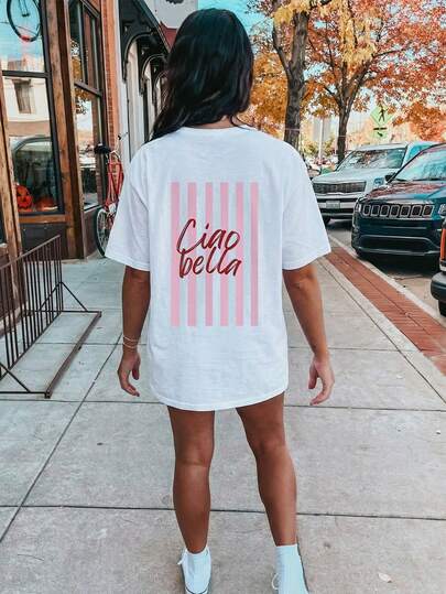 Pink Striped Crew Neck Short Sleeve Casual Plus Size Women T-Shirt, "Ciao Bella" Means "Hello, Beautiful" In Italian, Suitable For Spring, Summer, Autumn, Valentine's Day, Back To School, Summer Vacation White