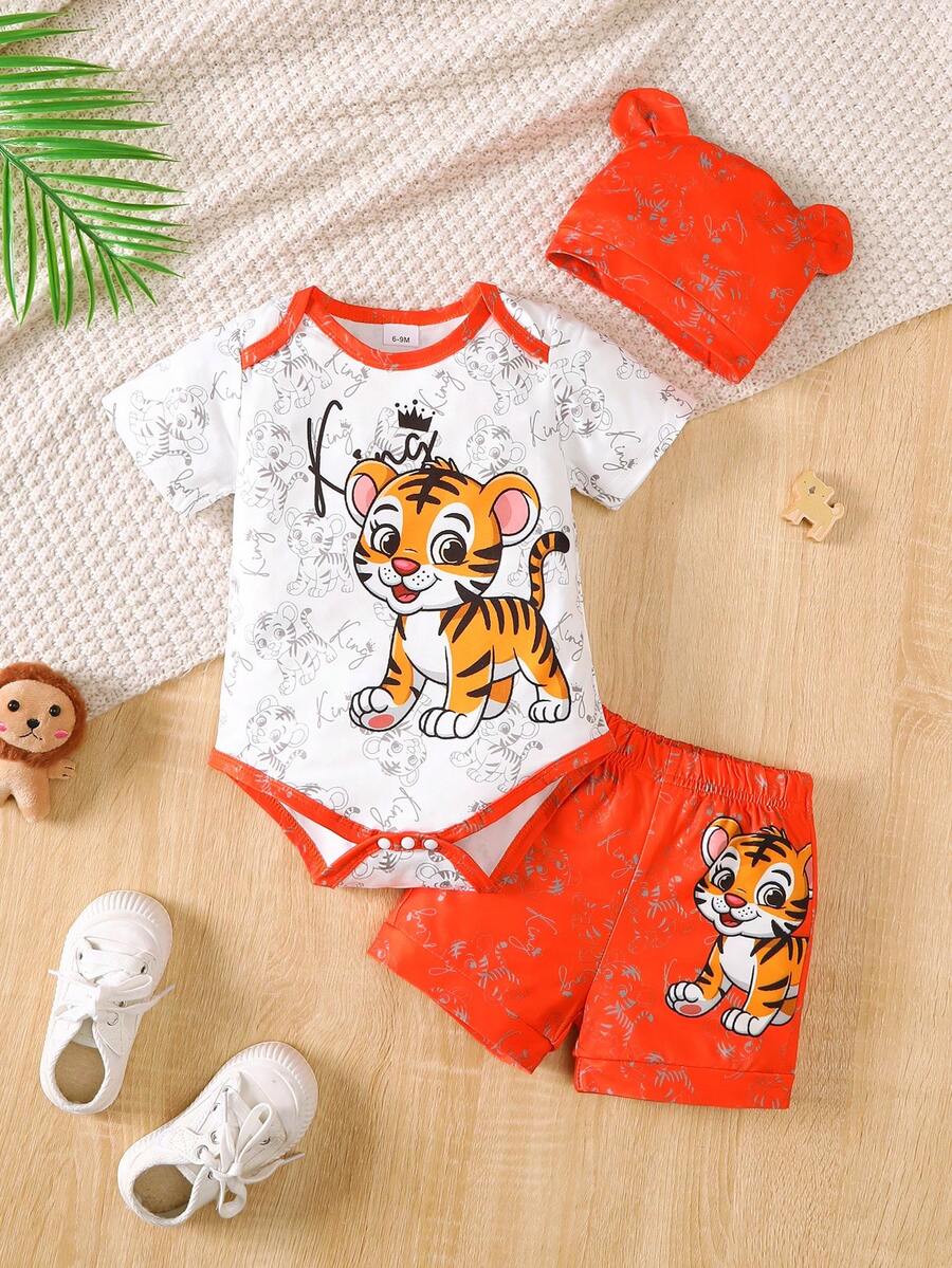 3件套婴儿/男婴时尚套装：白色连体衣（印有勇敢小老虎字母图案）、橙色短裤、带耳朵的帽子，2026新款 - 橘色 - 查看 1