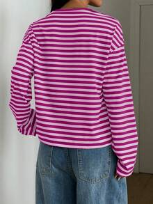 Women's Casual Top, Striped Color Block Ribbed Fabric, Suitable For Spring And Autumn - Hot Pink - View 11