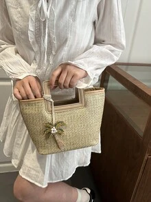 Straw Beach Bag, Women's Handbag, Vacation Bag, Tote Bag, Woven Bag, Beach Bag, Suitable For Vacation, Casual Use, Travel Essentials, Cruise Essentials, Summer Bag, Tote, Beach, Vacation Essentials, White Purse, Bag Charms, Purse Charms (Includes Bag And Palm Tree Charm) - Nude - View 9