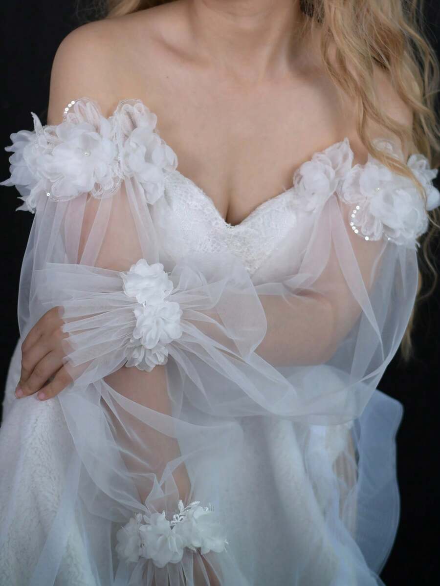 1 paire de mitaines à mailles décorées de fleurs pour mariée, design minimaliste blanc pour mariage, fêtes, port quotidien, accessoires d'automne pour femmes