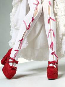 Platform Chunky Bow Heels For Women Mary Jane Heels Goth Round Toe Shoes Chunky High Heel Y2K Heels - 紅色 - 查看 6