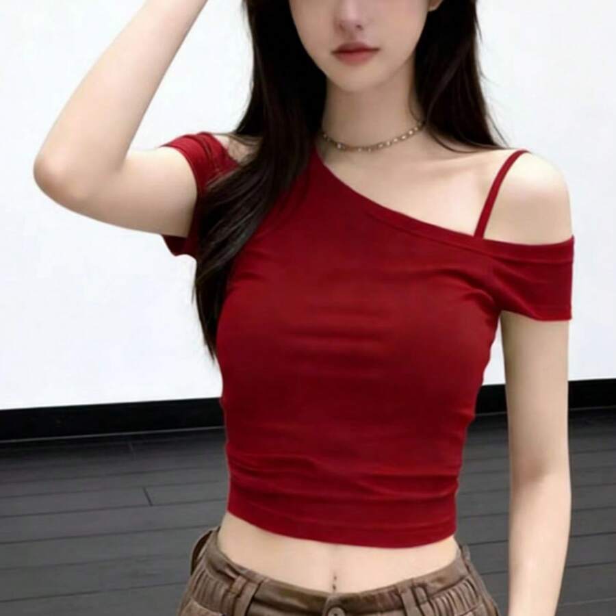 性感别致红色露肩无袖T恤，独特时尚修身女式上衣，夏季休闲款 - 紅色 - 查看 1