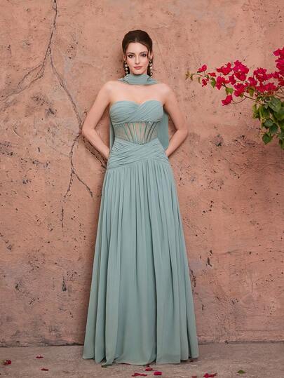 Đầm maxi dáng corset bằng chiffon màu xanh bạc hà thanh lịch Mgiacy, cổ yếm, chi tiết áo choàng, thích hợp cho phụ nữ mùa hè, dự tiệc cưới, tiệc tối, tiệc tùng, kỳ nghỉ và lễ hội.