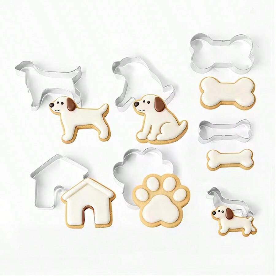 7pcs Dog Bone Shaped Cookie Cutter Set, Includes Dog Bone, Paw Print, Puppy, Poodle And Dog House Shaped Stainless Steel Cookie Cutters, Cute Fondant Cake Molds - Silver - View 1