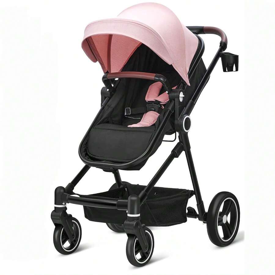 carriola de bebé 2 en 1 para niños pequeños, carriola de cuna con gran cesta de almacenamiento que absorbe los golpes para recién nacidos con soporte extraíble para tazas de asiento - Rosa - Ver 1