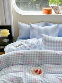 Bộ 3 món bằng 100% cotton, in hình nơ màu xanh dương, gồm 2 vỏ gối và 1 vỏ chăn (không bao gồm ruột chăn), thích hợp cho sinh viên/sinh viên ở ký túc xá. - Nhiều màu - Xem 5