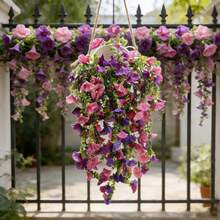 2-Piece Outdoor Artificial Hanging Flowers - Realistic Purple And Yellow Morning Glory Faux Plants, Durable Plastic Material, Decorative Artificial Flowers For Porches, Gardens, Weddings, Parties, Wall Hangings, Low-Maintenance Greenery, Ideal Valentine's Day And Mother's Day Gifts - Purple - View 6