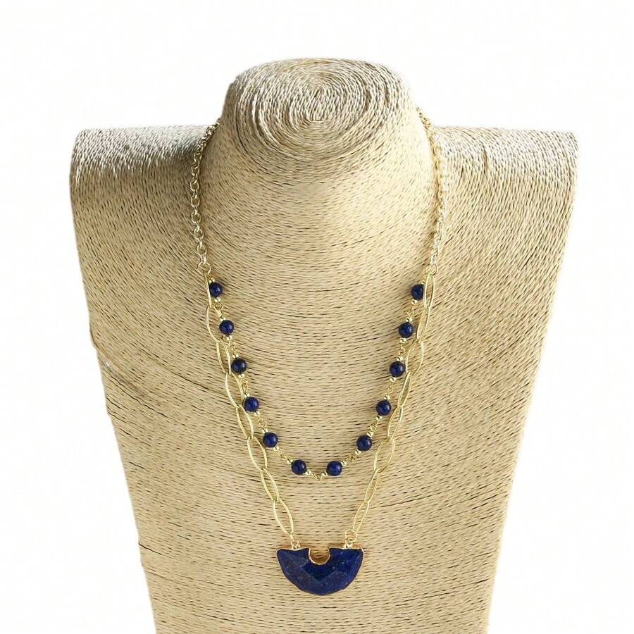 1件新款时尚波西米亚风女士首饰，8毫米天然石玻璃打结项链，条纹玛瑙大十字架吊坠项链，适合秋冬季毛衣搭配